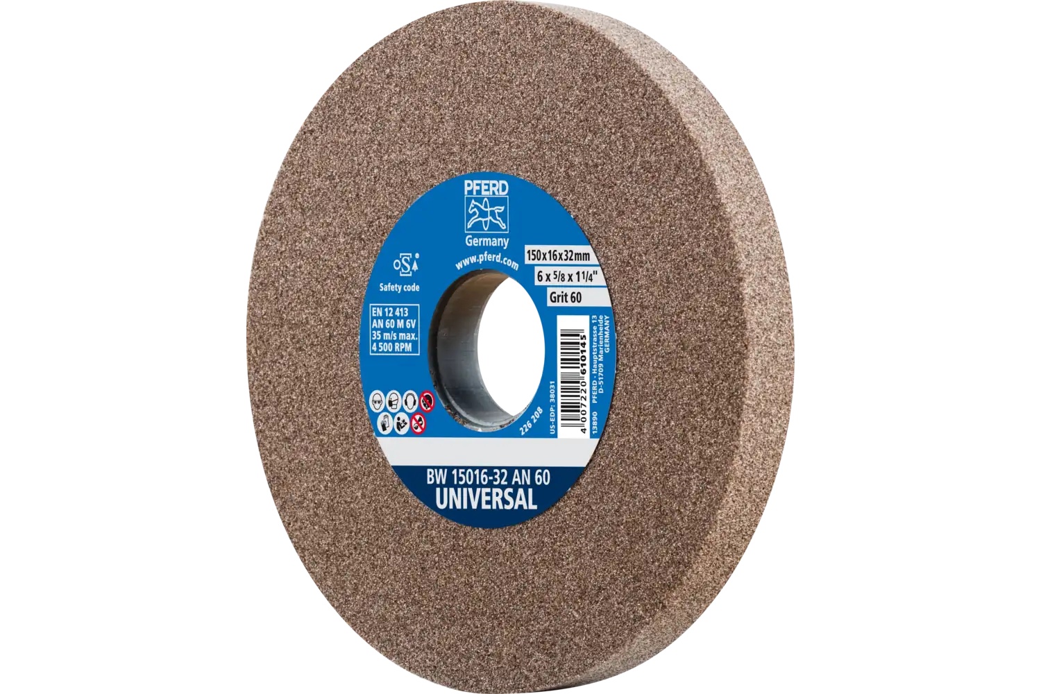 Picture of Pferd Vitrified Bench Wheel, Universal, 6" X 5/8 X 1-1/4, 60 Grit, Aluminum Oxide